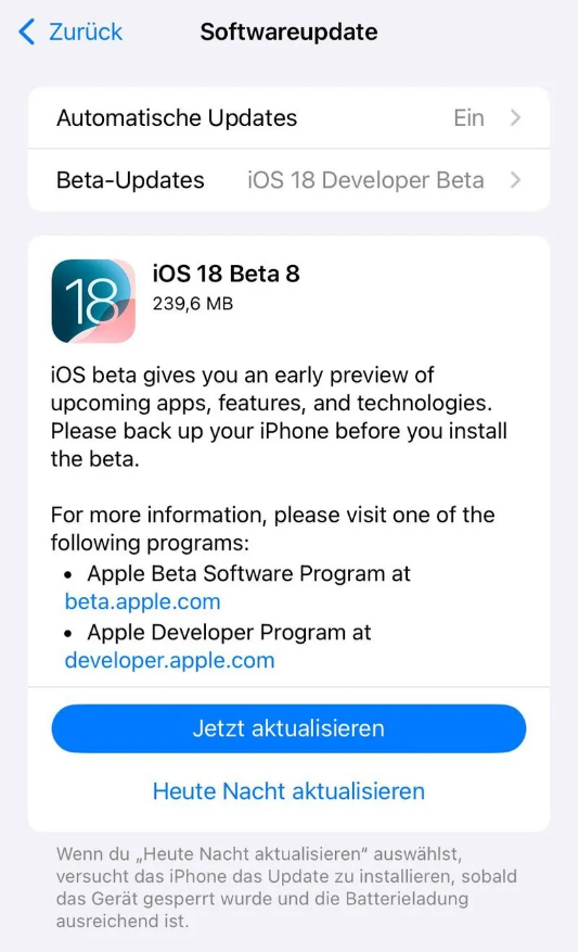 君山苹果手机维修分享苹果 iOS / iPadOS 18 开发者预览版 Beta 8 发布 